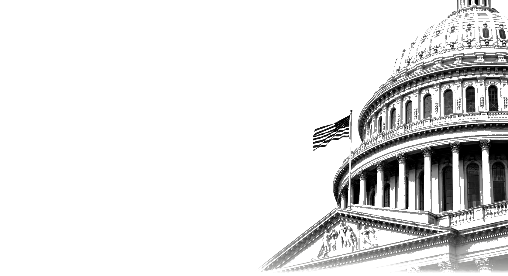 The U.S. Capitol dome and flag, cut out of a high-key sky